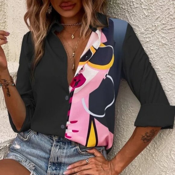 Black Figure Printed Button Down Front Blouse - Picture 2 of 5